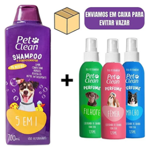 Kit Shampoo 5 em 1 + Perfume para Cães e Gatos Pet Clean